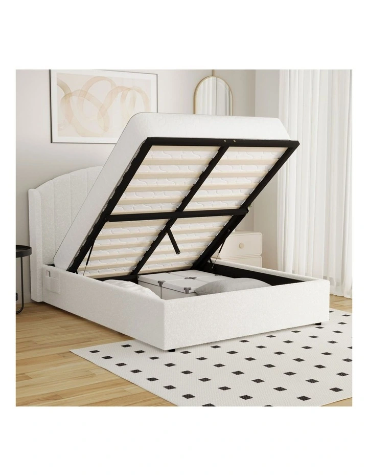 Oikiture Bed Frame Double Size With Gas Lift Storage USB Charging Boucle image 5