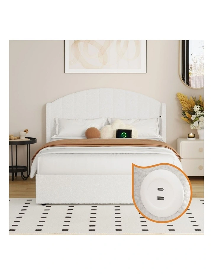 Oikiture Bed Frame Double Size With Gas Lift Storage USB Charging Boucle image 6