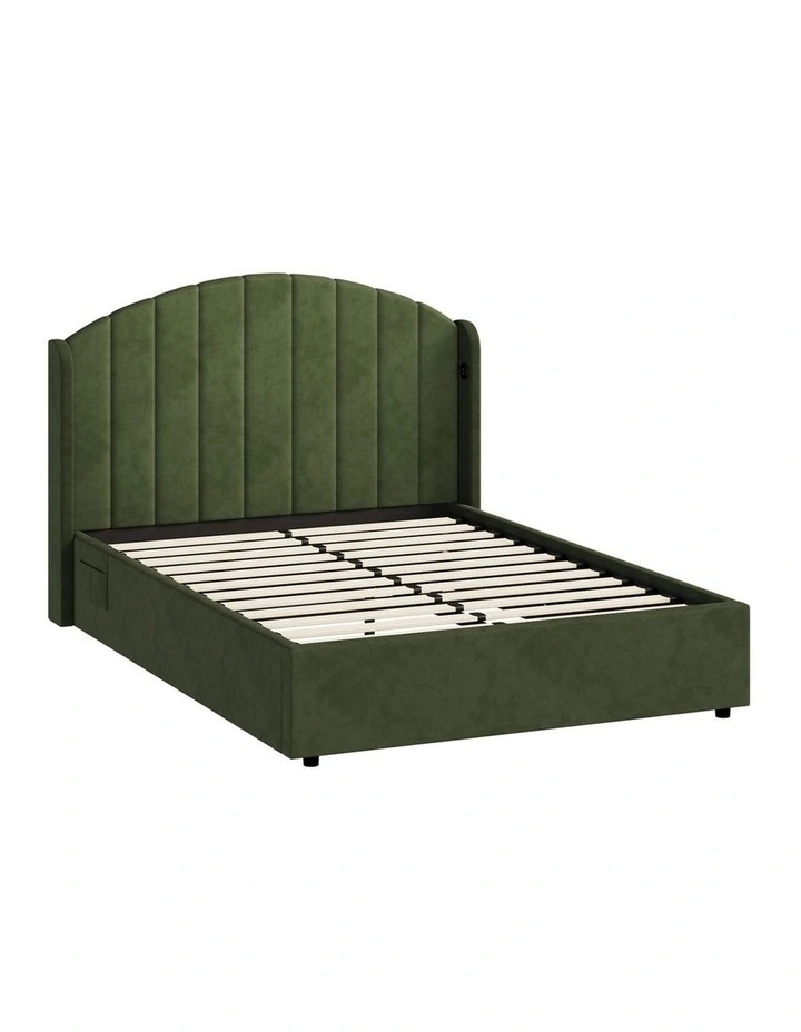 Oikiture Bed Frame Double Size With Gas Lift Storage USB Charging Velvet image 1