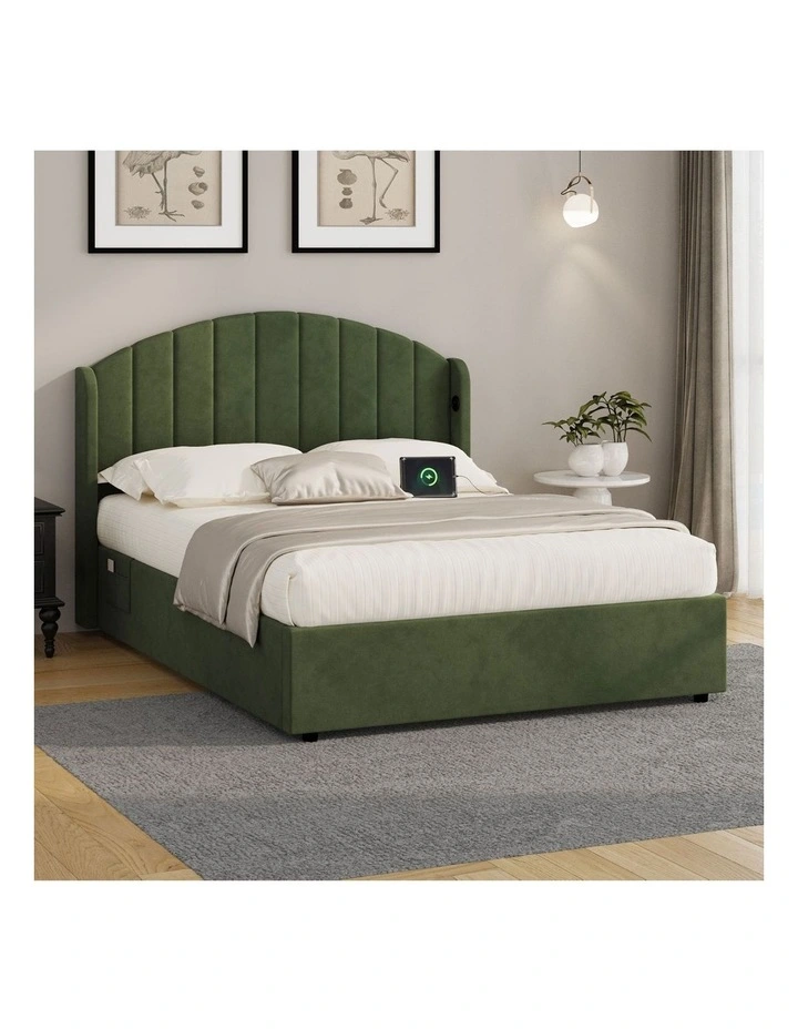 Oikiture Bed Frame Double Size With Gas Lift Storage USB Charging Velvet image 4