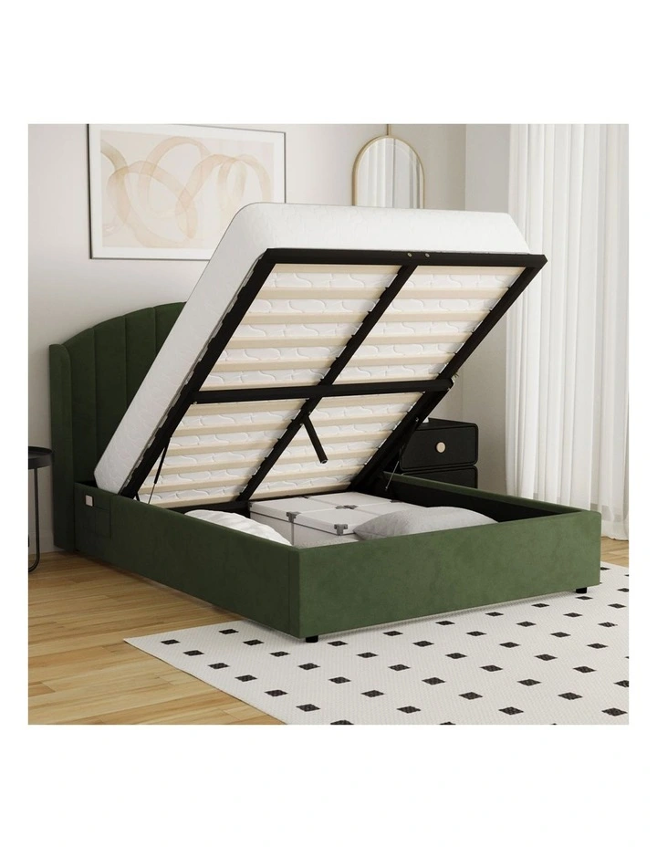 Oikiture Bed Frame Double Size With Gas Lift Storage USB Charging Velvet image 5