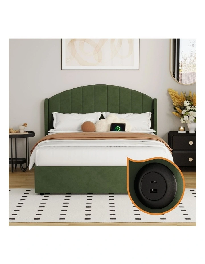 Oikiture Bed Frame Double Size With Gas Lift Storage USB Charging Velvet image 6
