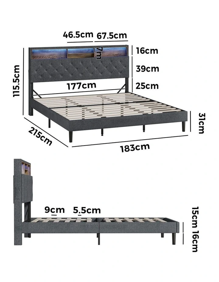 Oikiture Bed Frame King Size Beds Base with LED Storage Bedhead NOVI image 3