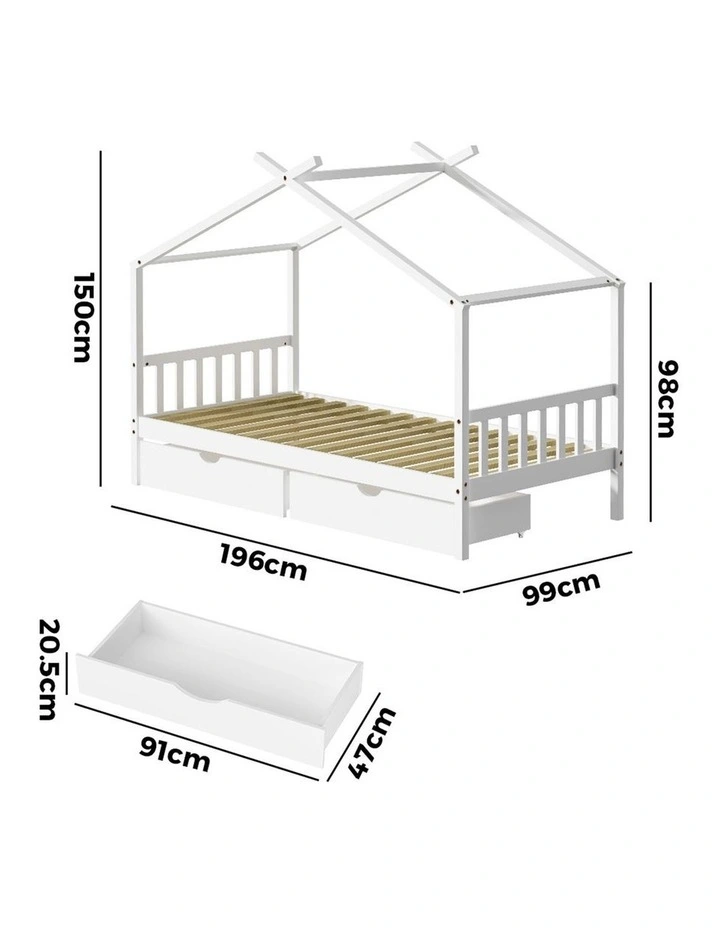 Oikiture Bed Frame Wooden Single Size Timber House Frame Storage Drawers White image 3