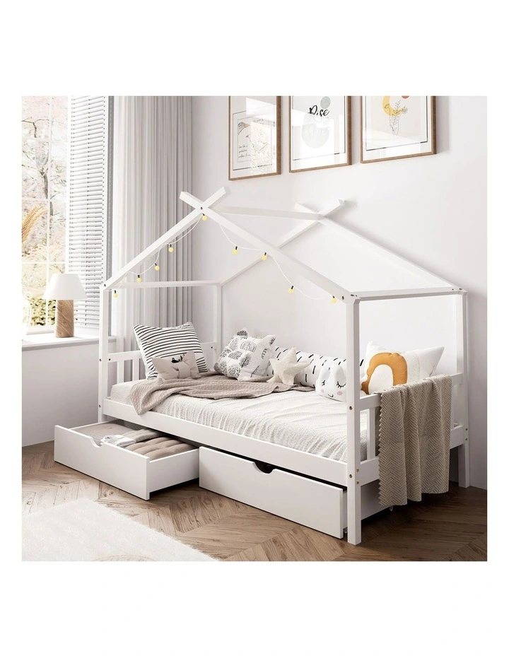 Oikiture Bed Frame Wooden Single Size Timber House Frame Storage Drawers White image 4