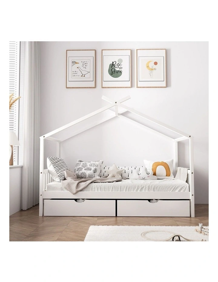Oikiture Bed Frame Wooden Single Size Timber House Frame Storage Drawers White image 5