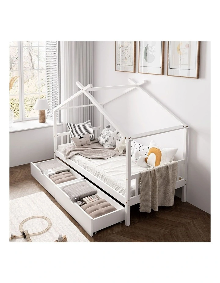Oikiture Bed Frame Wooden Single Size Timber House Frame Storage Drawers White image 7