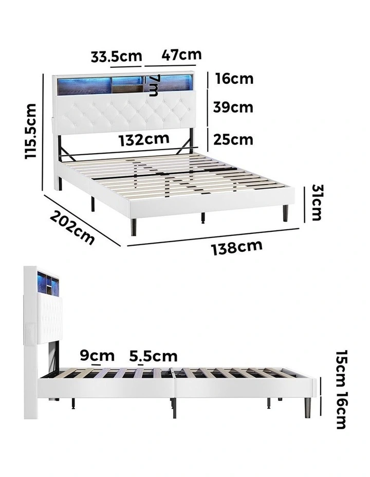 Oikiture Bed Frame Double Size Platform Beds with LED Storage Bedhead NOVI image 3