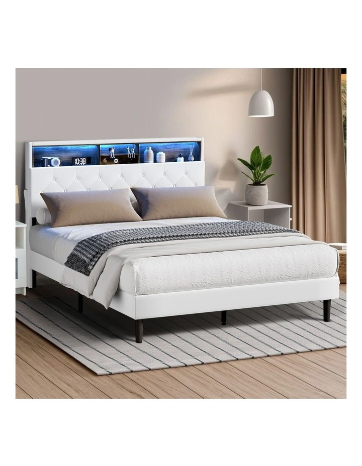 Oikiture Bed Frame Double Size Platform Beds with LED Storage Bedhead NOVI image 4
