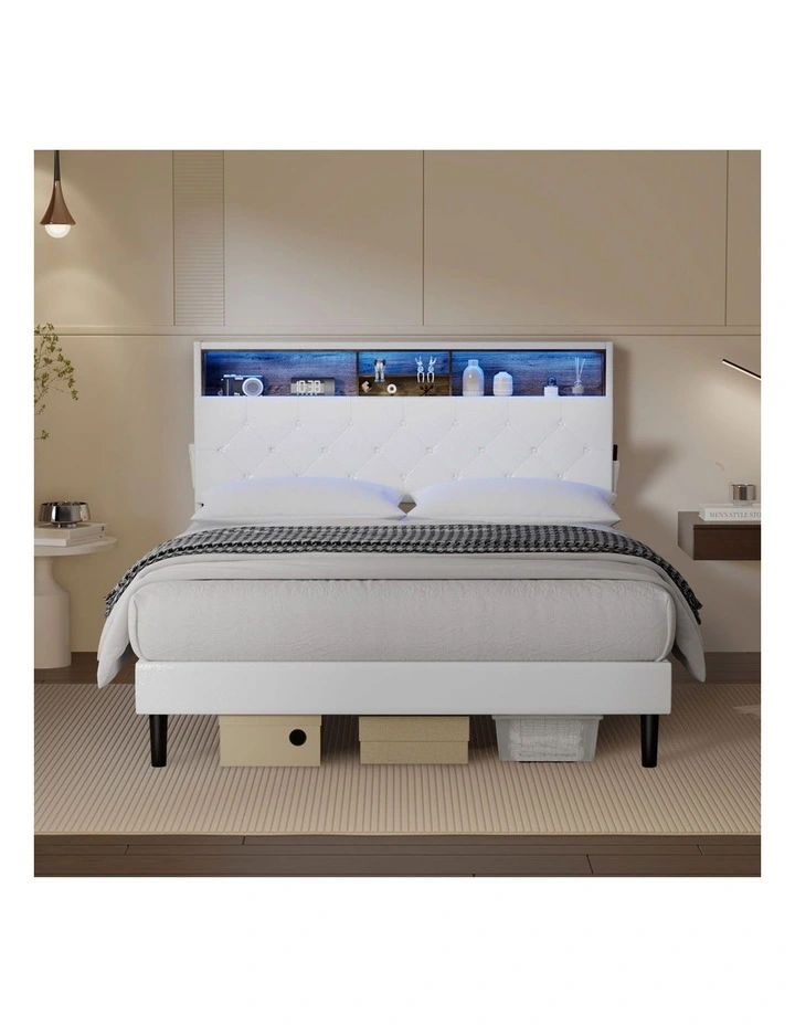 Oikiture Bed Frame Double Size Platform Beds with LED Storage Bedhead NOVI image 5