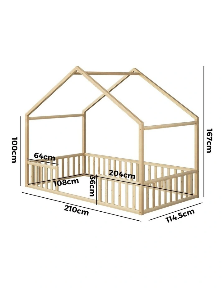 Oikiture Wooden Kids Bed Frame King Single House Beds Timber No Slats Natural image 3