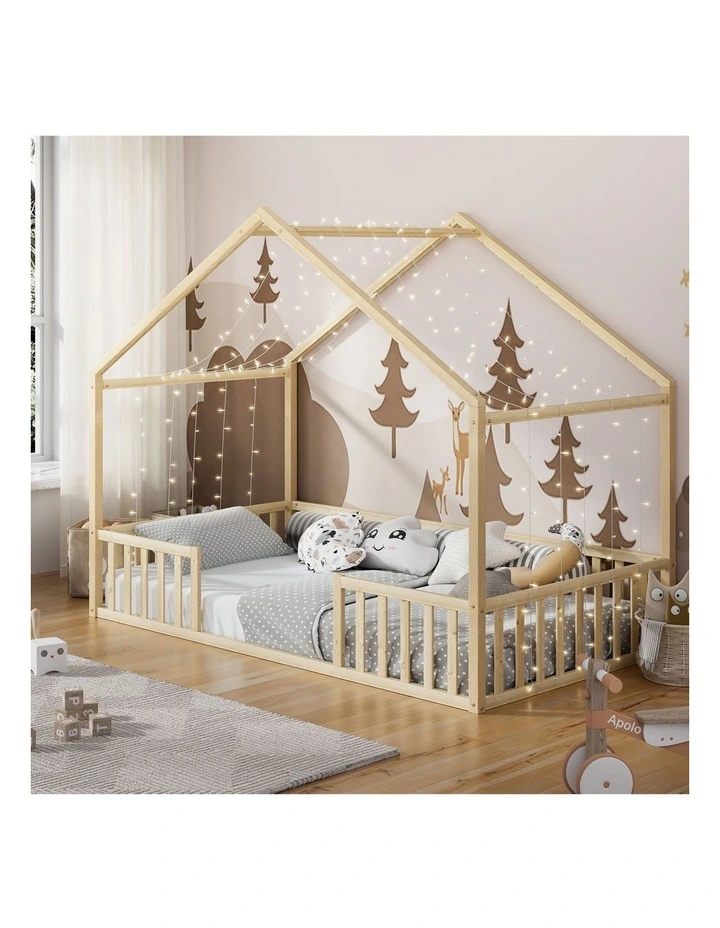 Oikiture Wooden Kids Bed Frame King Single House Beds Timber No Slats Natural image 4