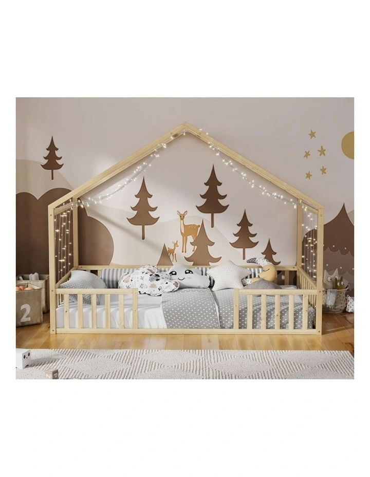 Oikiture Wooden Kids Bed Frame King Single House Beds Timber No Slats Natural image 5