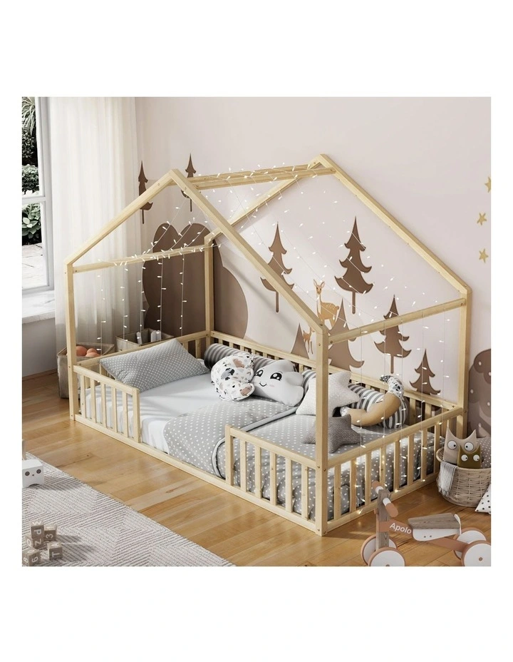 Oikiture Wooden Kids Bed Frame King Single House Beds Timber No Slats Natural image 7
