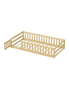 Oikiture Kids Bed Frame Single Floor Beds Timber Wood Gate Guard Fence Natural