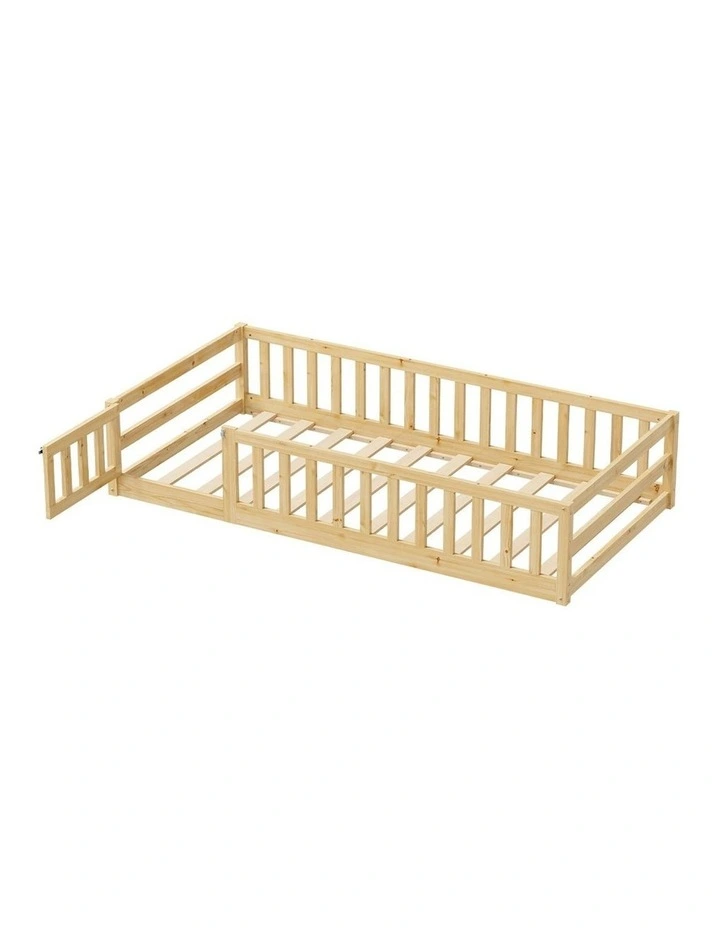 Oikiture Kids Bed Frame Single Floor Beds Timber Wood Gate Guard Fence Natural image 1