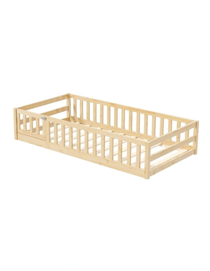 Oikiture Kids Bed Frame Single Floor Beds Timber Wood Gate Guard Fence Natural image 2
