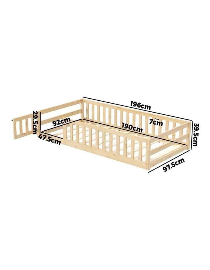 Oikiture Kids Bed Frame Single Floor Beds Timber Wood Gate Guard Fence Natural image 3