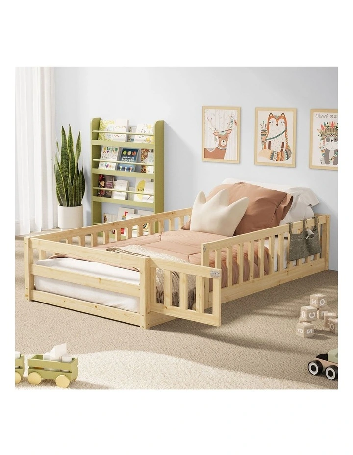Oikiture Kids Bed Frame Single Floor Beds Timber Wood Gate Guard Fence Natural image 4
