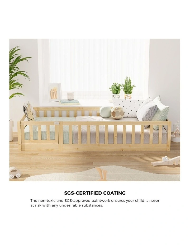 Oikiture Kids Bed Frame Single Floor Beds Timber Wood Gate Guard Fence Natural image 5