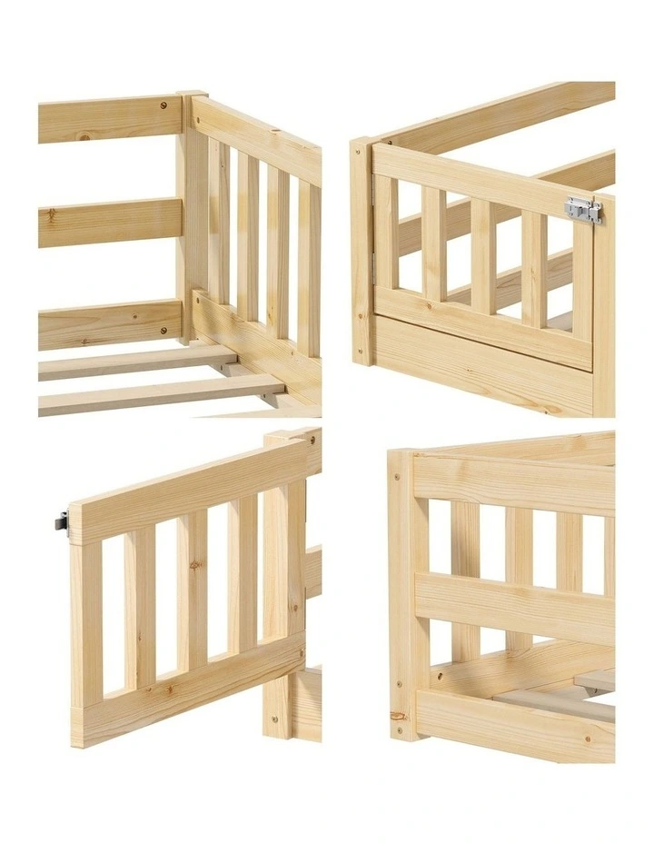 Oikiture Kids Bed Frame Single Floor Beds Timber Wood Gate Guard Fence Natural image 6