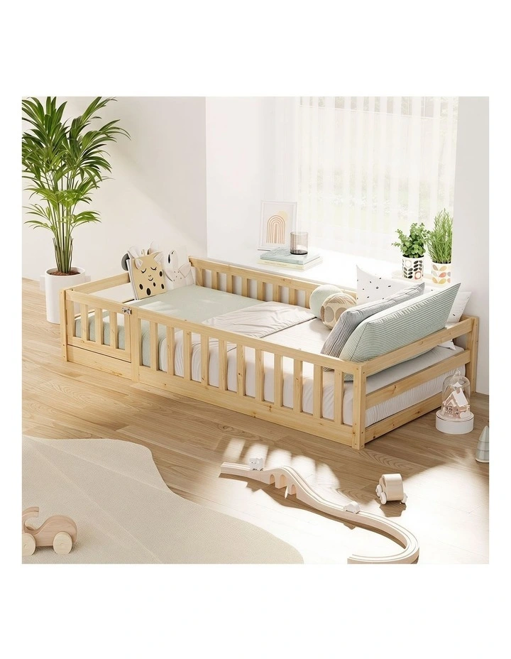 Oikiture Kids Bed Frame Single Floor Beds Timber Wood Gate Guard Fence Natural image 7