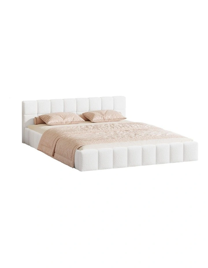 Oikiture Bed Frame Queen Size Tufted Headboard White Boucle image 1