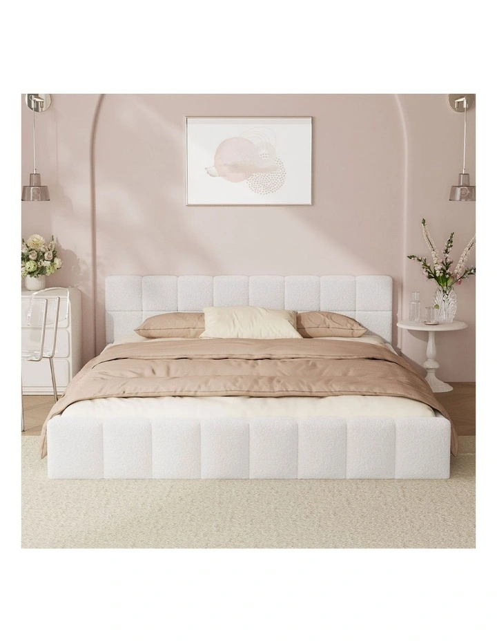 Oikiture Bed Frame Queen Size Tufted Headboard White Boucle image 5
