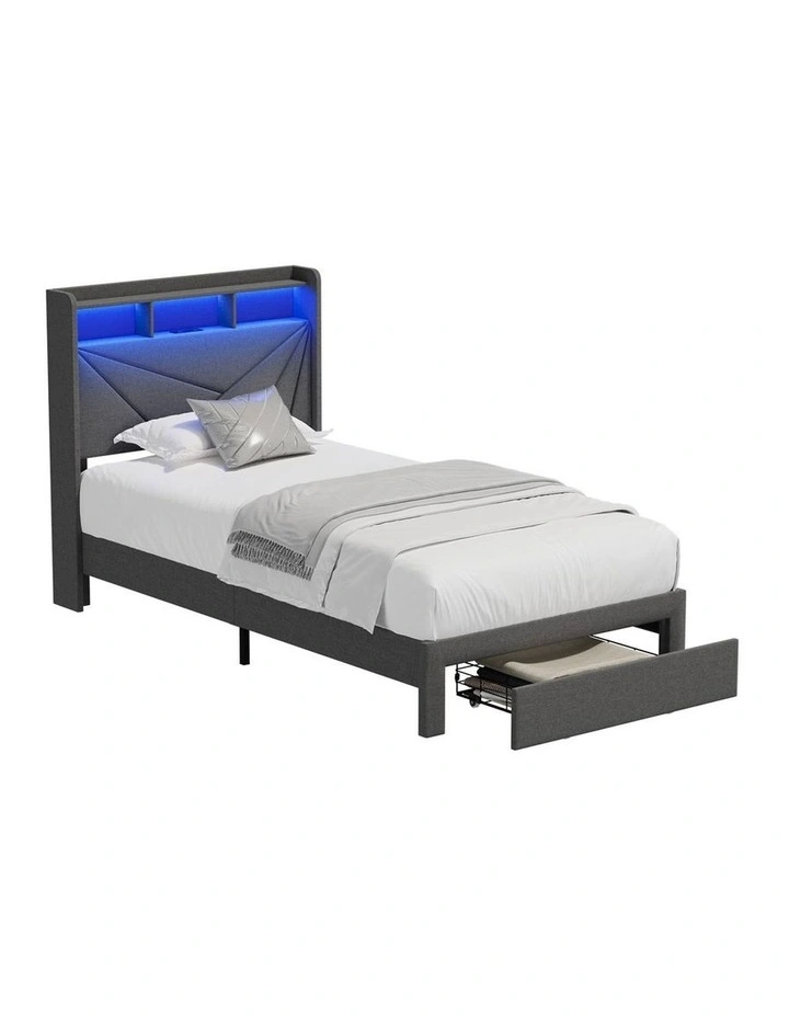 Oikiture Bed Frame King Single LED Storge Headboard With USB Charging & Drawers image 1