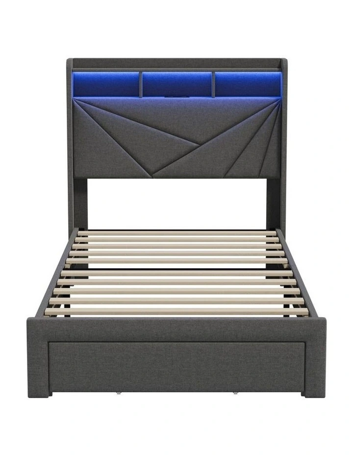 Oikiture Bed Frame King Single LED Storge Headboard With USB Charging & Drawers image 2