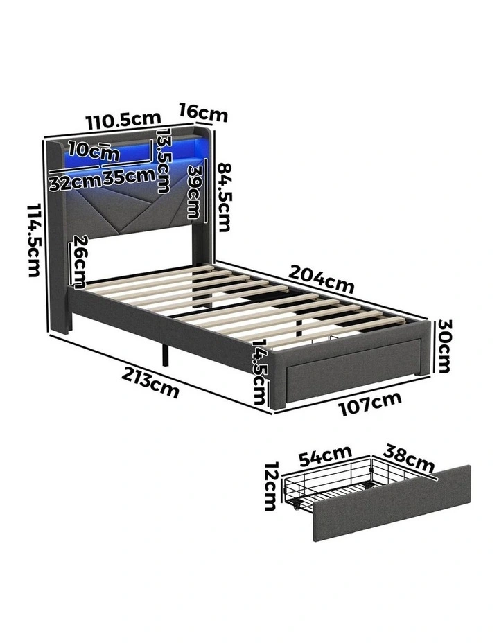 Oikiture Bed Frame King Single LED Storge Headboard With USB Charging & Drawers image 3