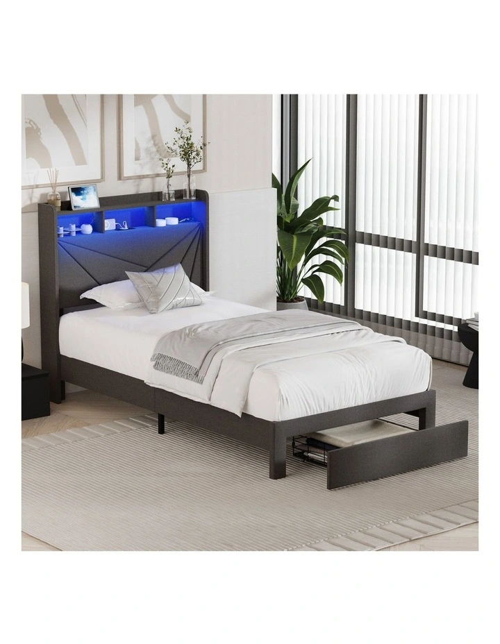 Oikiture Bed Frame King Single LED Storge Headboard With USB Charging & Drawers image 4