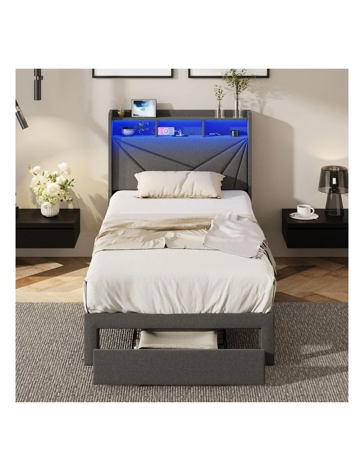 Oikiture Bed Frame King Single LED Storge Headboard With USB Charging & Drawers image 5