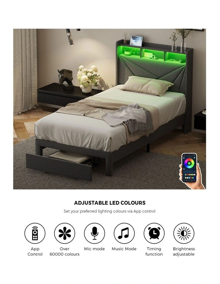 Oikiture Bed Frame King Single LED Storge Headboard With USB Charging & Drawers image 6