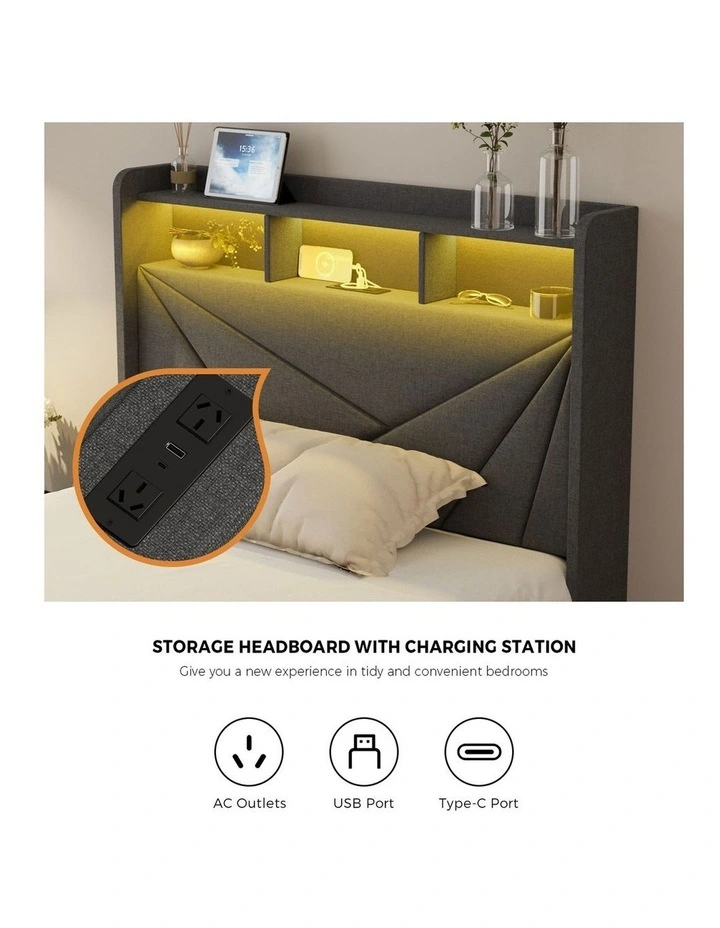 Oikiture Bed Frame King Single LED Storge Headboard With USB Charging & Drawers image 7