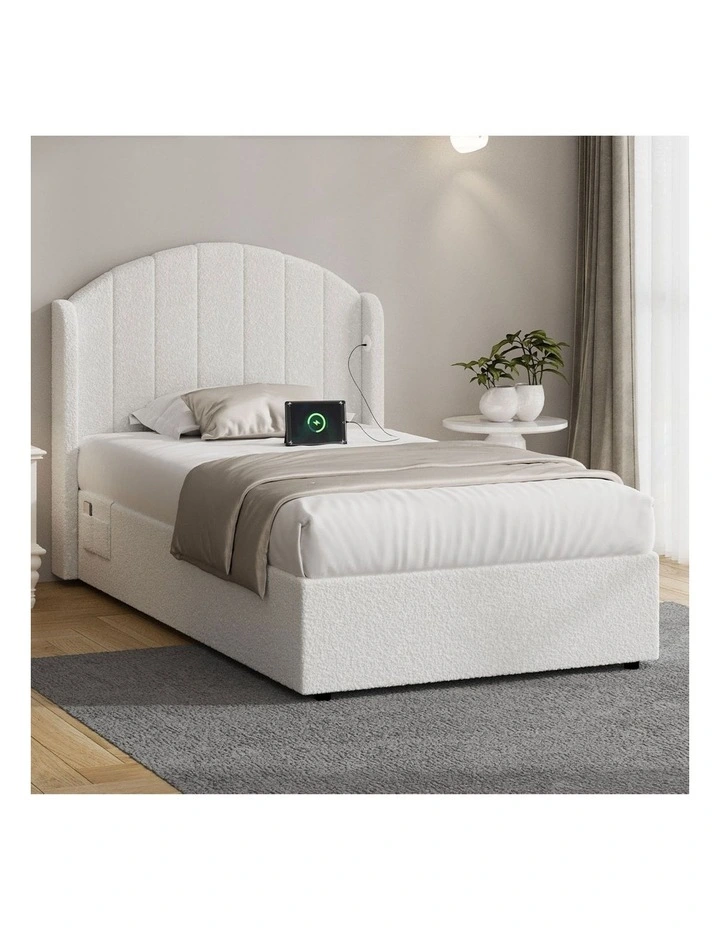 Oikiture Bed Frame King Single Size With Gas Lift Storage USB Charging Boucle image 4