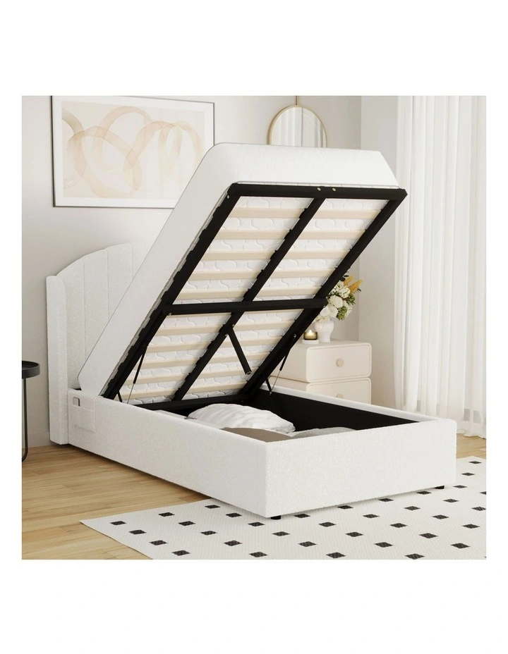 Oikiture Bed Frame King Single Size With Gas Lift Storage USB Charging Boucle image 5