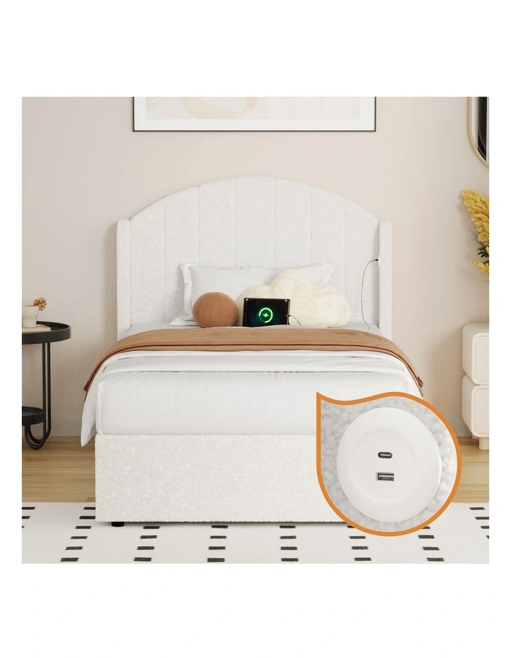 Oikiture Bed Frame King Single Size With Gas Lift Storage USB Charging Boucle image 6