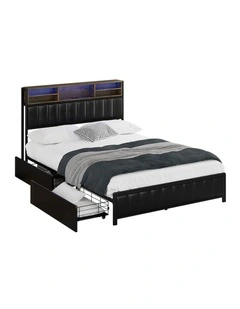 Oikiture Bed Frame Double Size LED Storage Bedhead 2 Drawers USB Charge