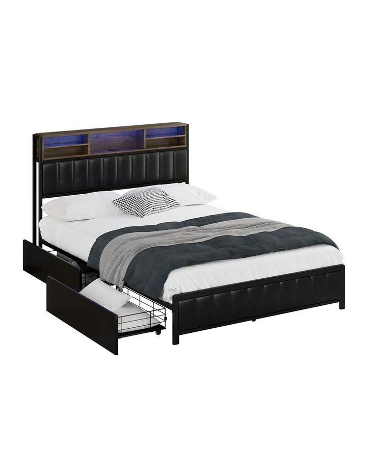 Oikiture Bed Frame Double Size LED Storage Bedhead 2 Drawers USB Charge image 1