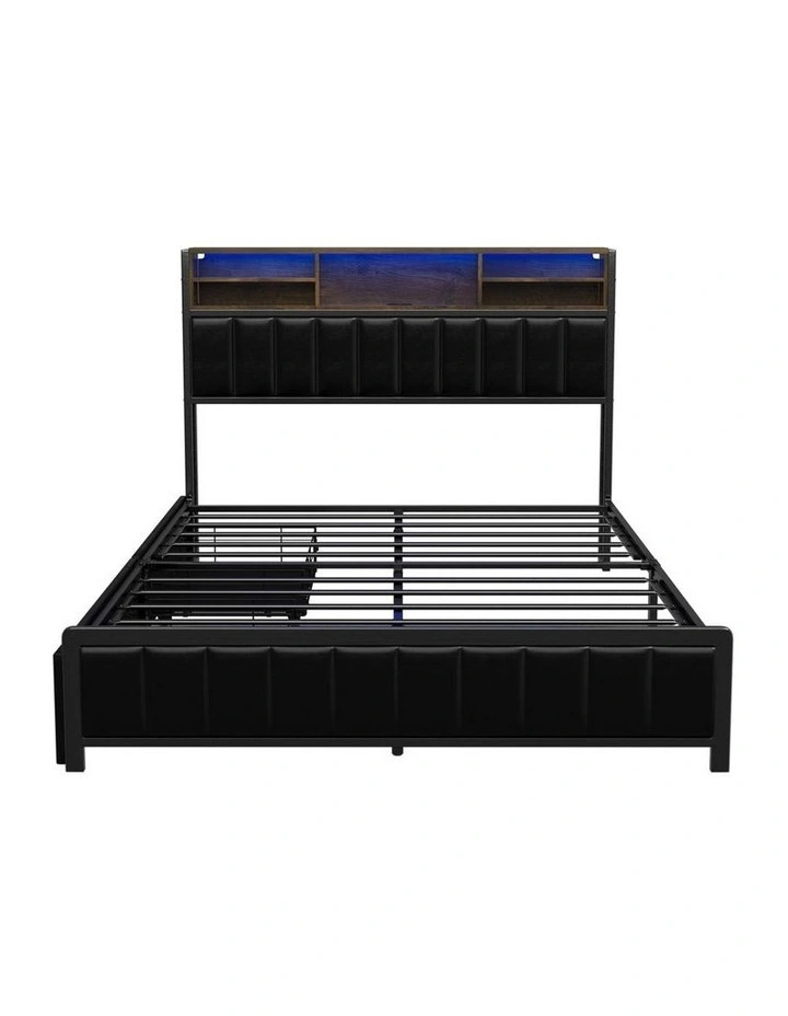 Oikiture Bed Frame Double Size LED Storage Bedhead 2 Drawers USB Charge image 2