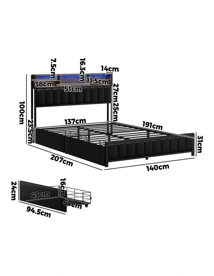 Oikiture Bed Frame Double Size LED Storage Bedhead 2 Drawers USB Charge image 3