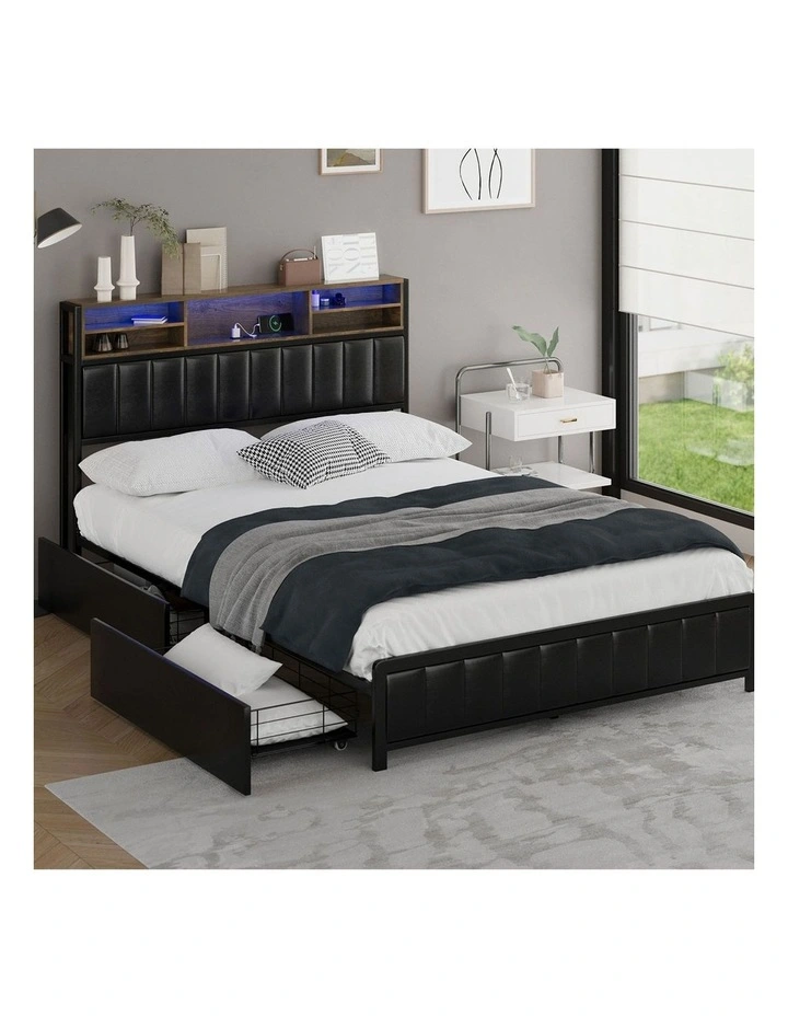 Oikiture Bed Frame Double Size LED Storage Bedhead 2 Drawers USB Charge image 4