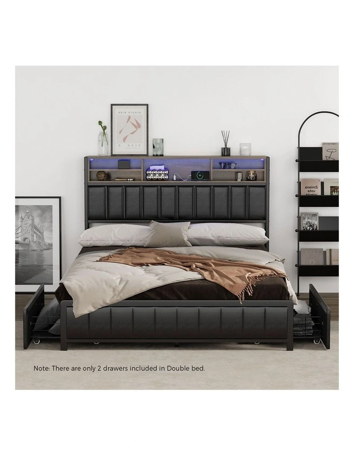 Oikiture Bed Frame Double Size LED Storage Bedhead 2 Drawers USB Charge image 5