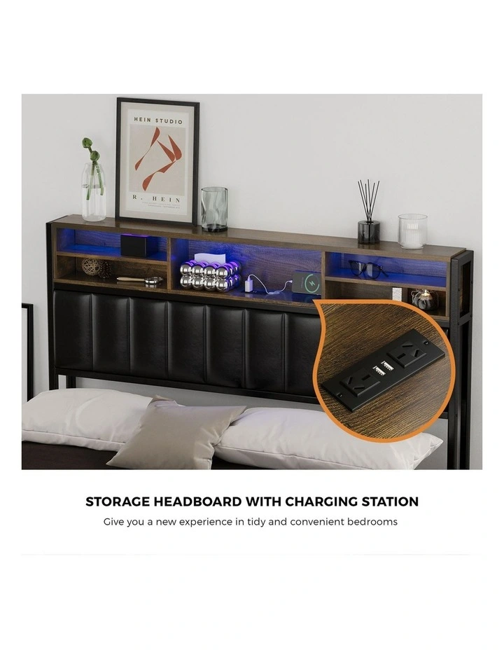 Oikiture Bed Frame Double Size LED Storage Bedhead 2 Drawers USB Charge image 6