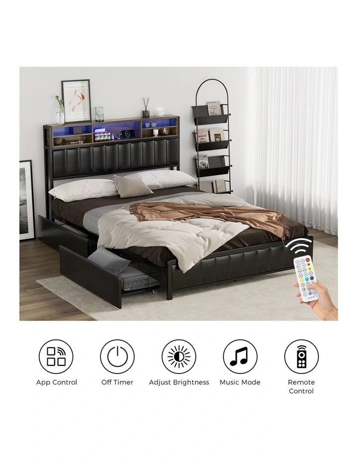 Oikiture Bed Frame Double Size LED Storage Bedhead 2 Drawers USB Charge image 7