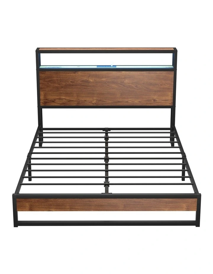 Oikiture Metal Bed Frame Double Size LED Light Storage Headboard USB Charge image 2