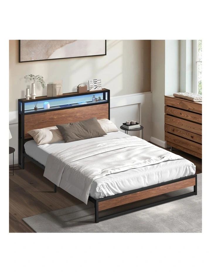 Oikiture Metal Bed Frame Double Size LED Light Storage Headboard USB Charge image 4