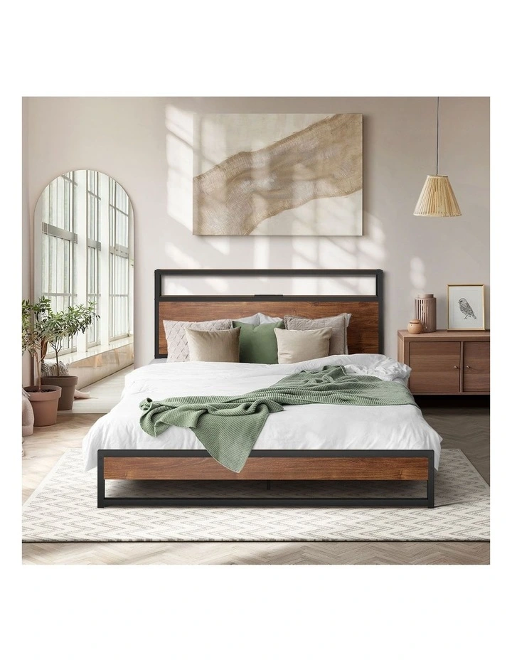 Oikiture Metal Bed Frame Double Size LED Light Storage Headboard USB Charge image 5