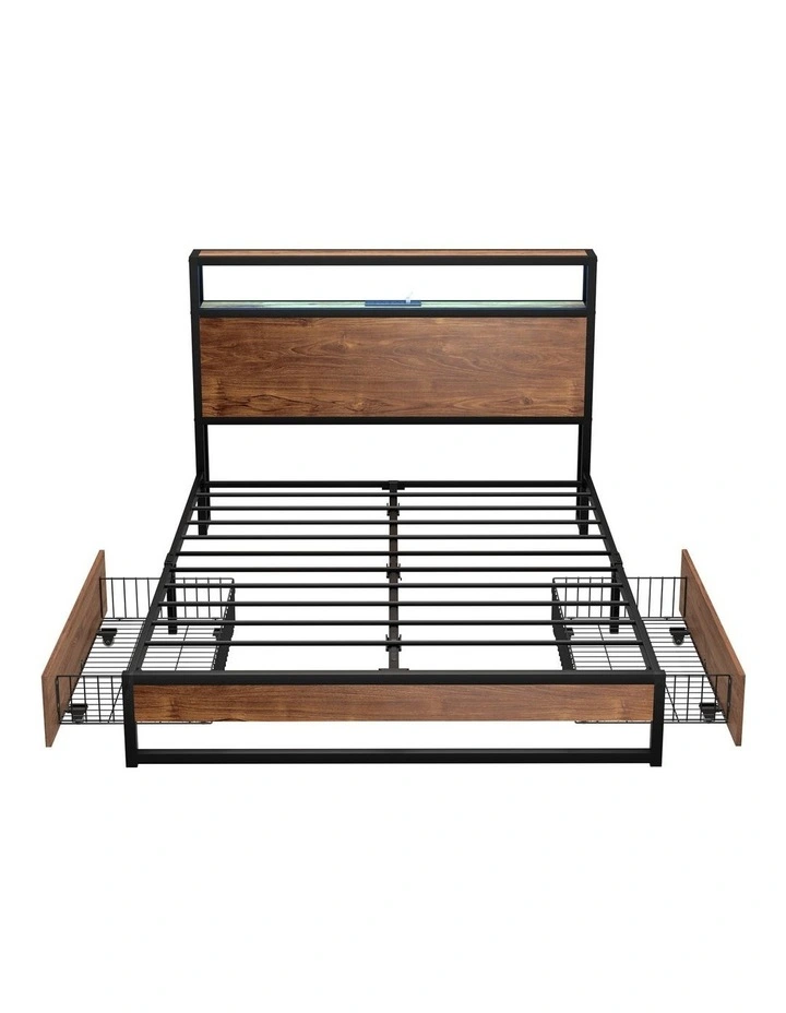 Oikiture Metal Bed Frame Double Size with LED Headboard Storage Drawers USB image 2
